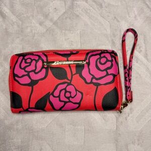 Betsey Johnson Rose Print Wristlet Wallet Red Pink Floral Zip Around Continental